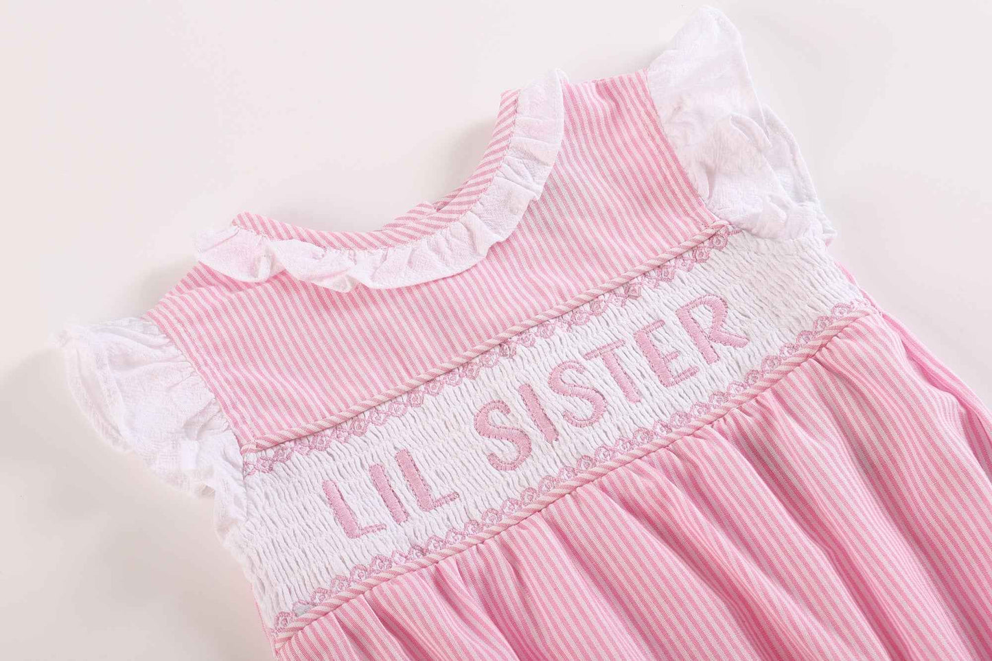 Pink Striped Lil Sister Smocked Romper - Abbies Place