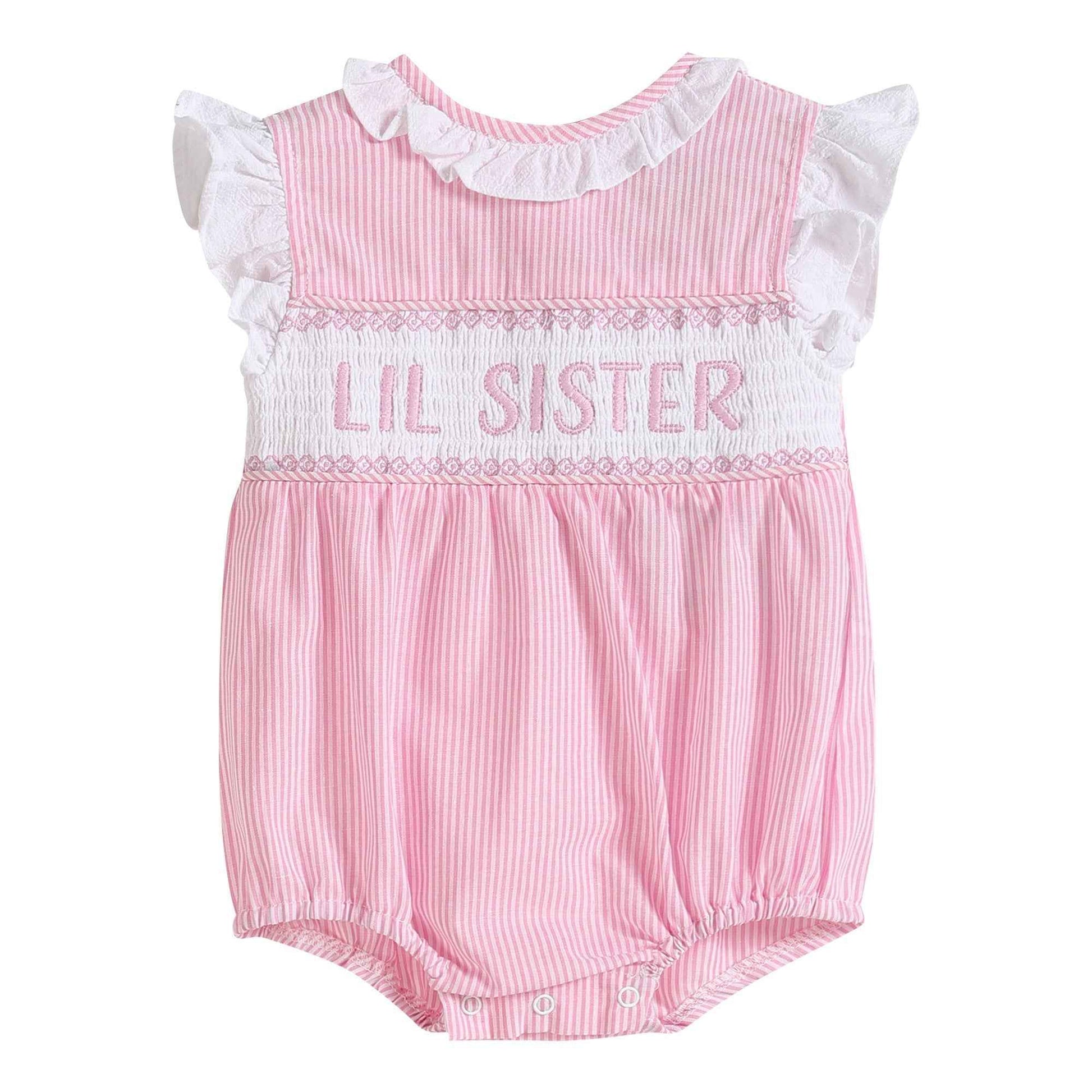 Pink Striped Lil Sister Smocked Romper - Abbies Place