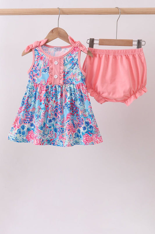 Pink tropical floral print ruffle bow bloomer set - Abbies Place