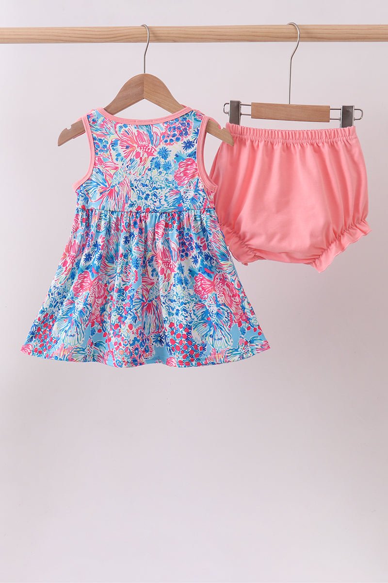 Pink tropical floral print ruffle bow bloomer set - Abbies Place