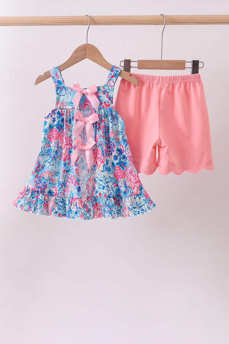 Pink tropical floral print ruffle shorts set - Abbies Place
