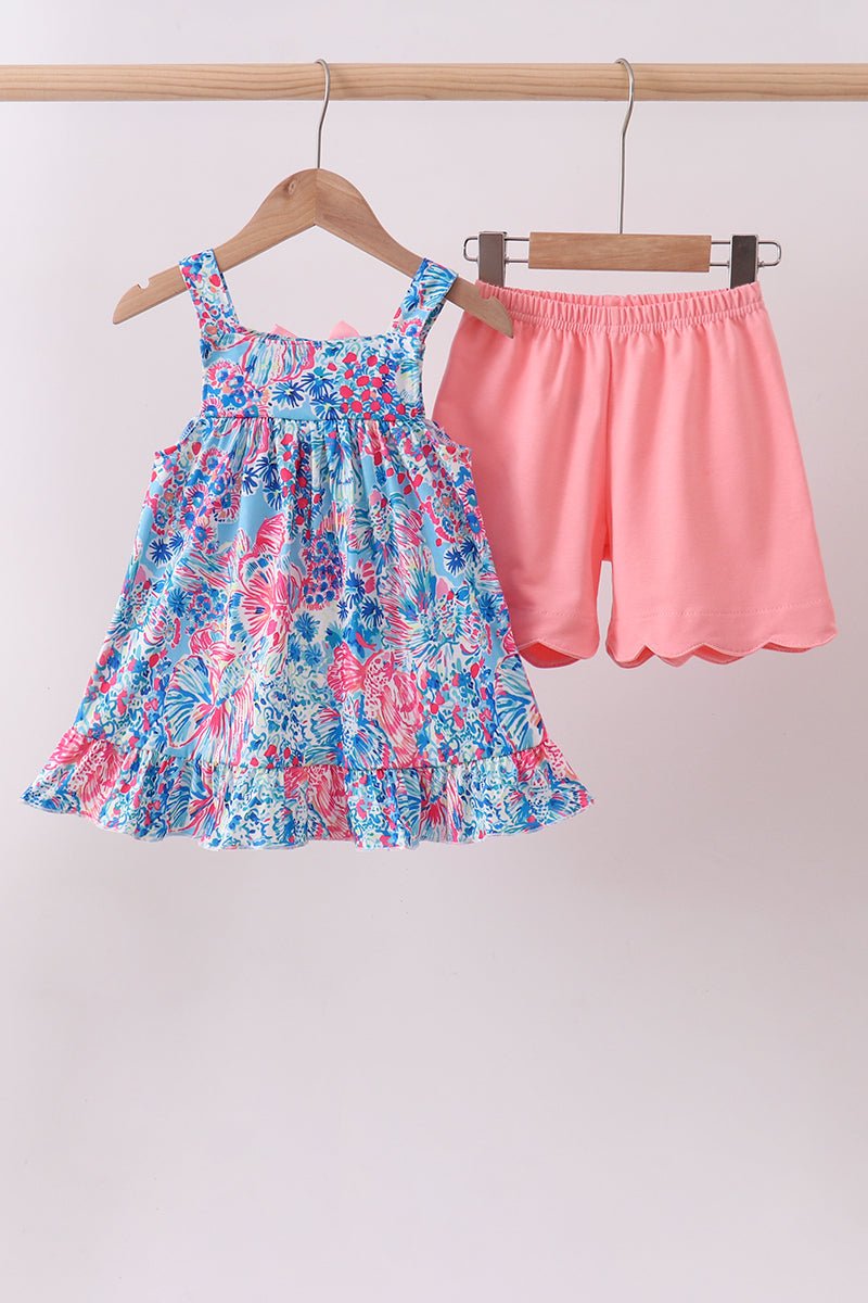 Pink tropical floral print ruffle shorts set - Abbies Place