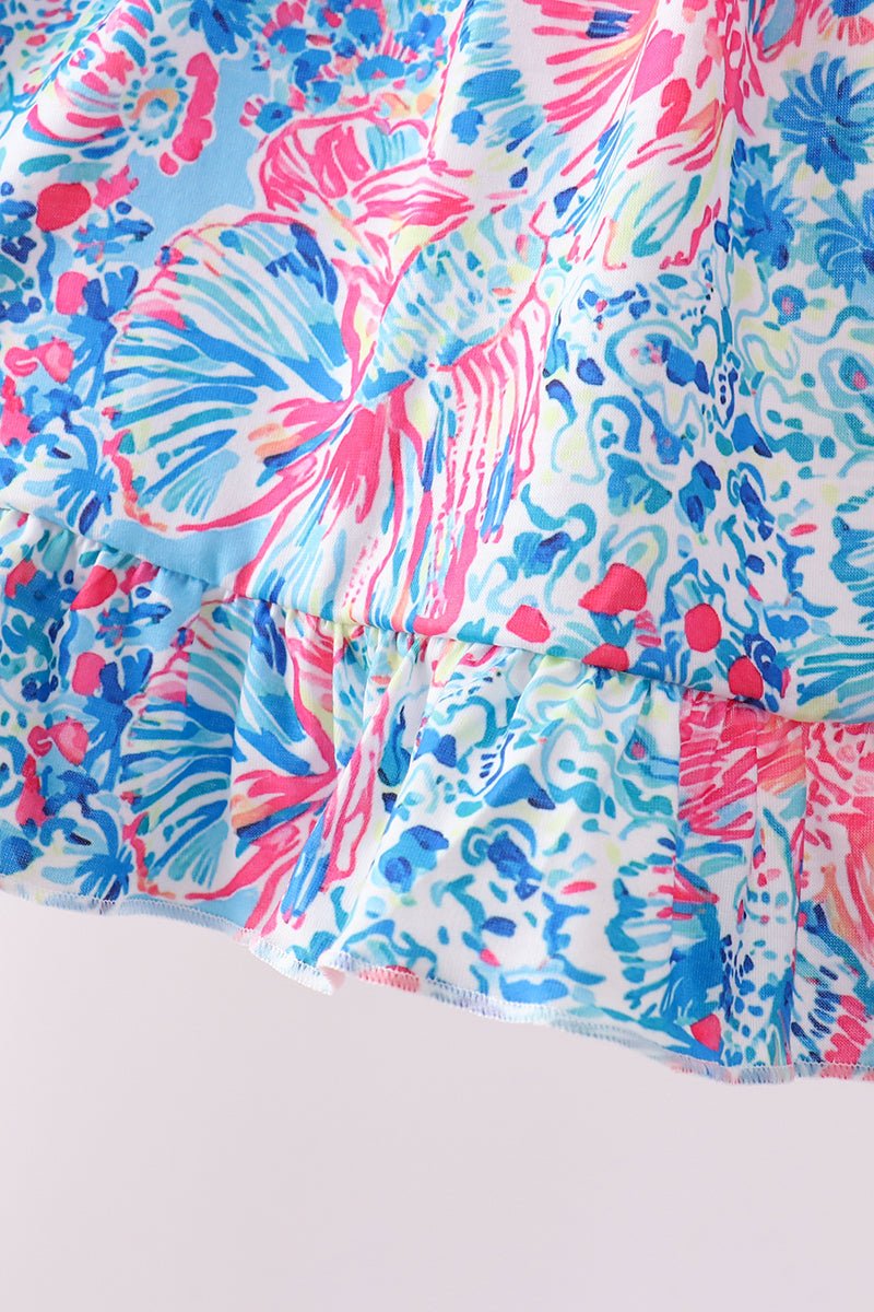 Pink tropical floral print ruffle shorts set - Abbies Place