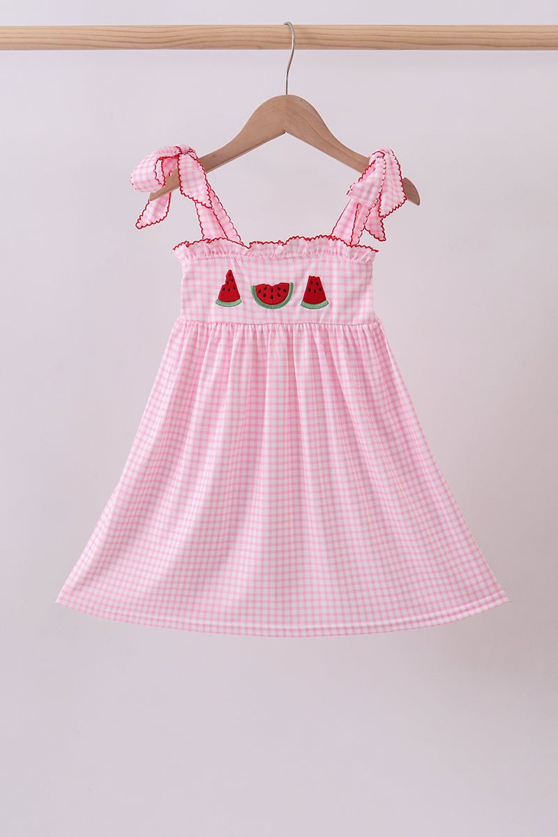 Pink watermelon embroidery ruffle dress - Abbies Place