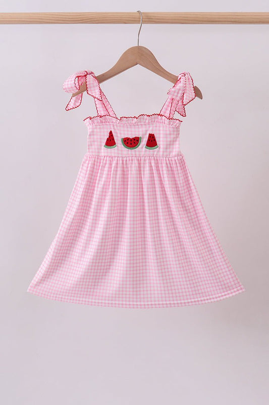 Pink watermelon embroidery ruffle dress - Abbies Place