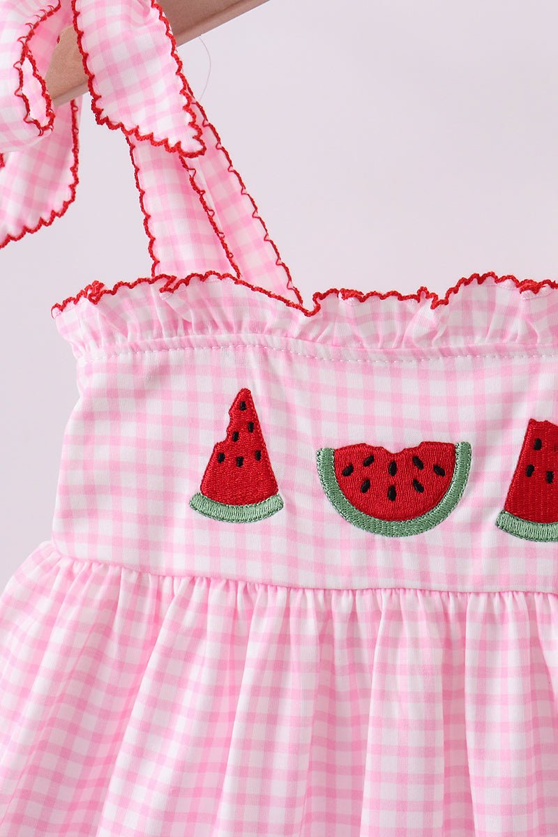 Pink watermelon embroidery ruffle dress - Abbies Place