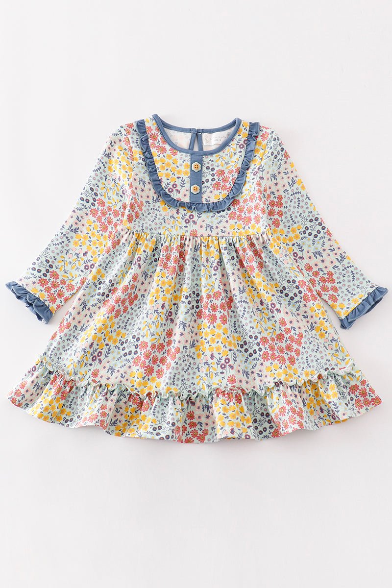 Platinum Blue floral print ruffle dress - Abbies Place