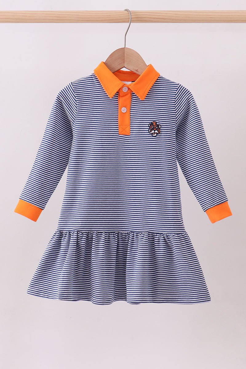 Premium Blue Auburn stripe tiger embroidery dress - Abbies Place