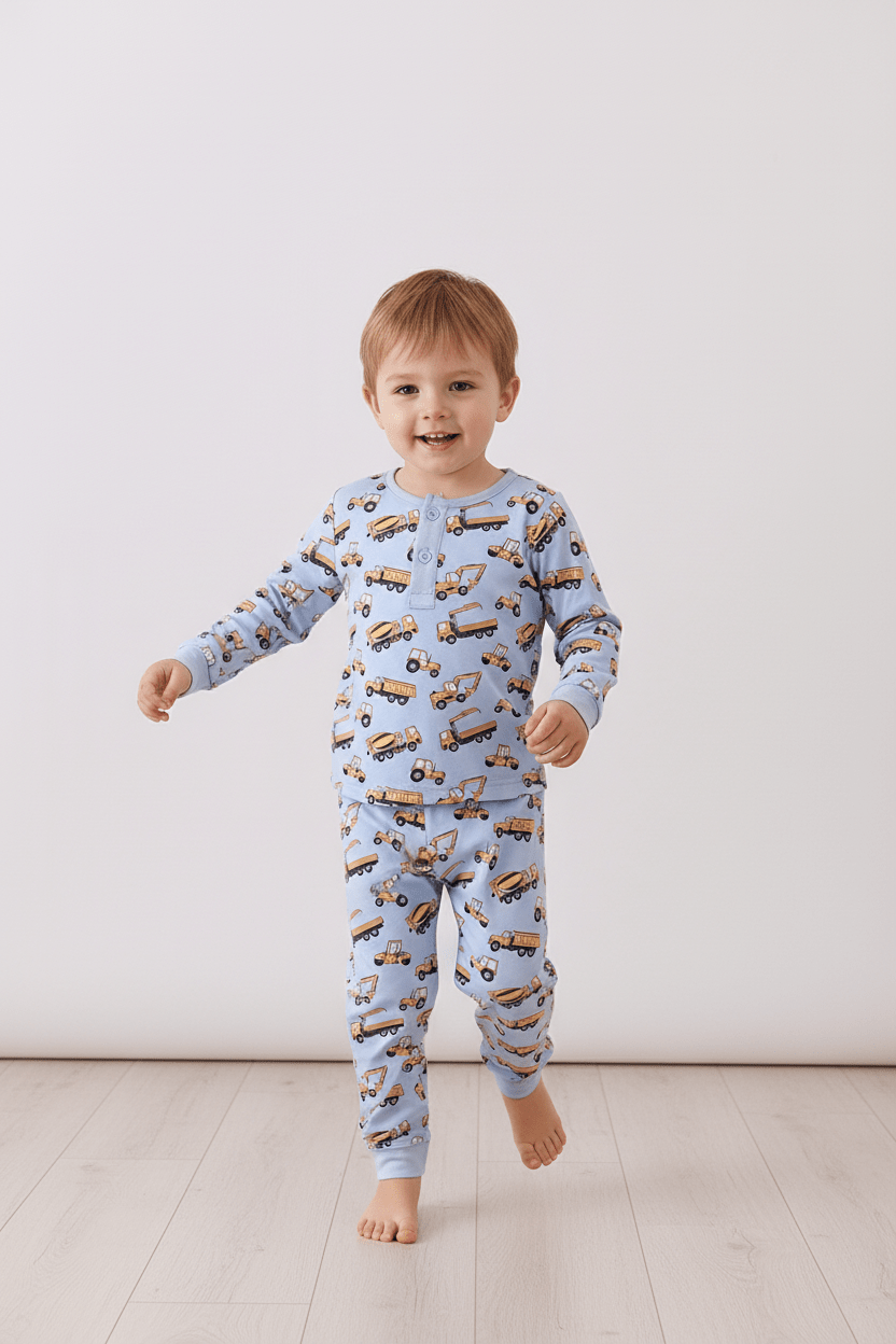 Premium blue excavator print bamboo pants set - Abbies Place