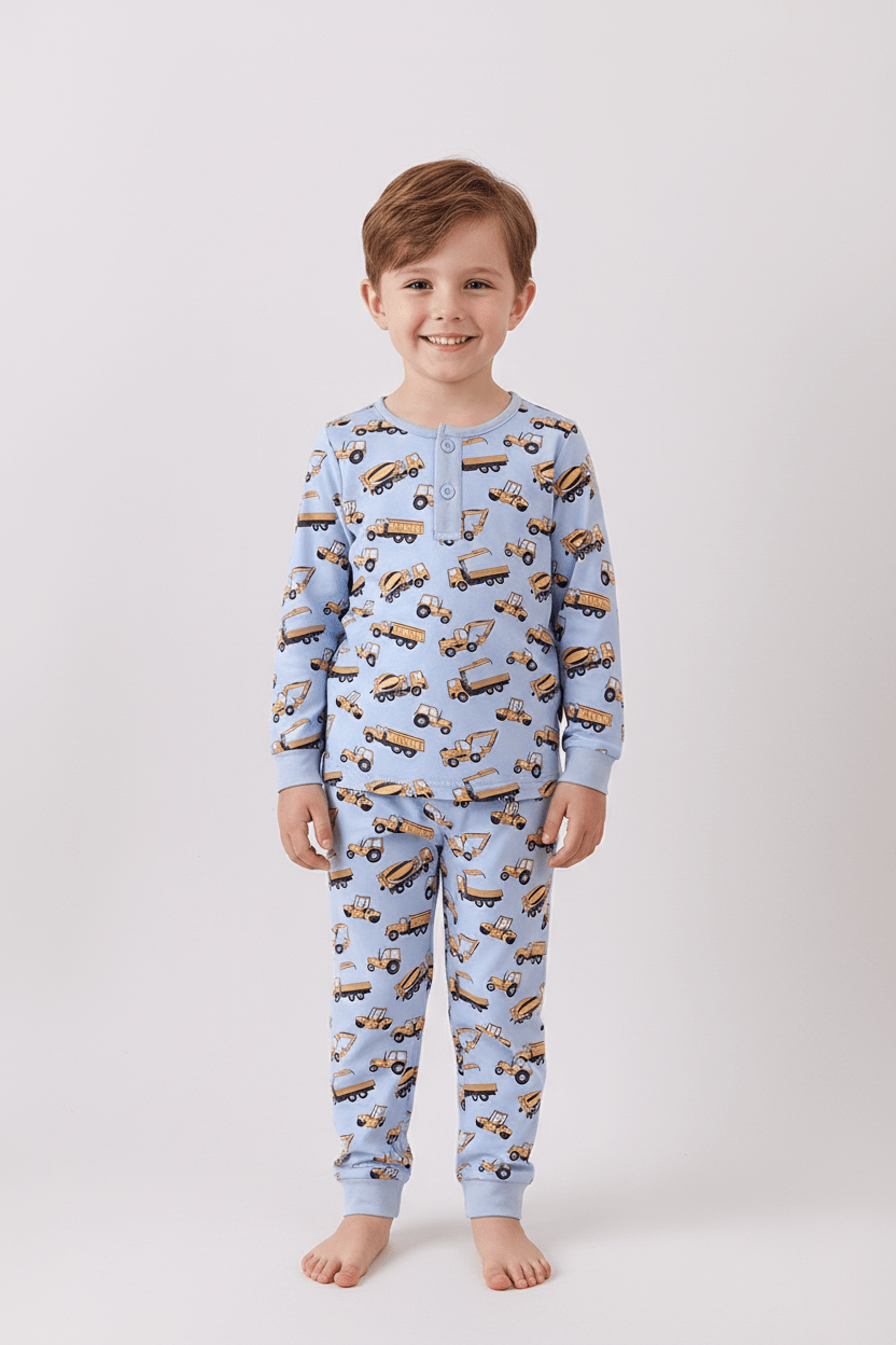 Premium blue excavator print bamboo pants set - Abbies Place