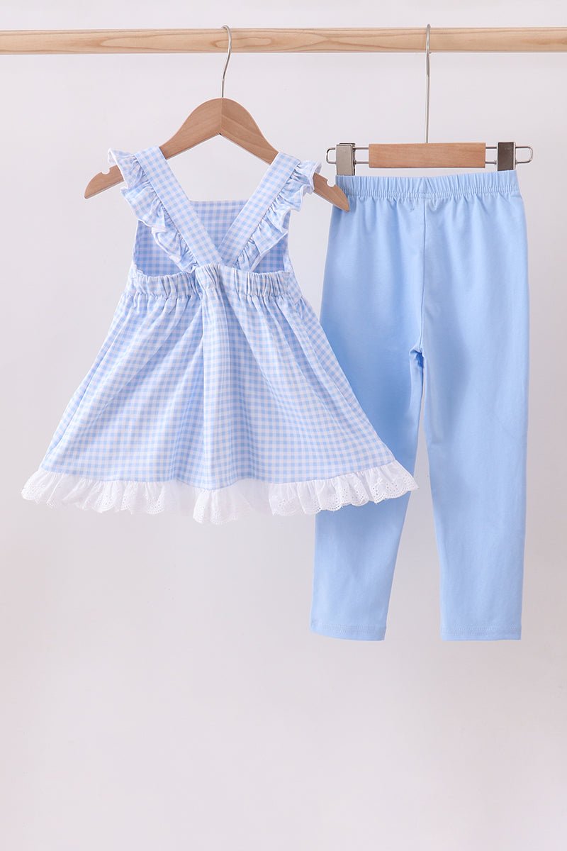 Premium blue snowman embroidery gingham ruffle pants set - Abbies Place