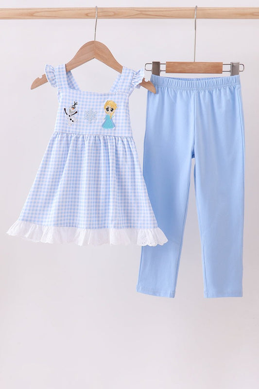 Premium blue snowman embroidery gingham ruffle pants set - Abbies Place