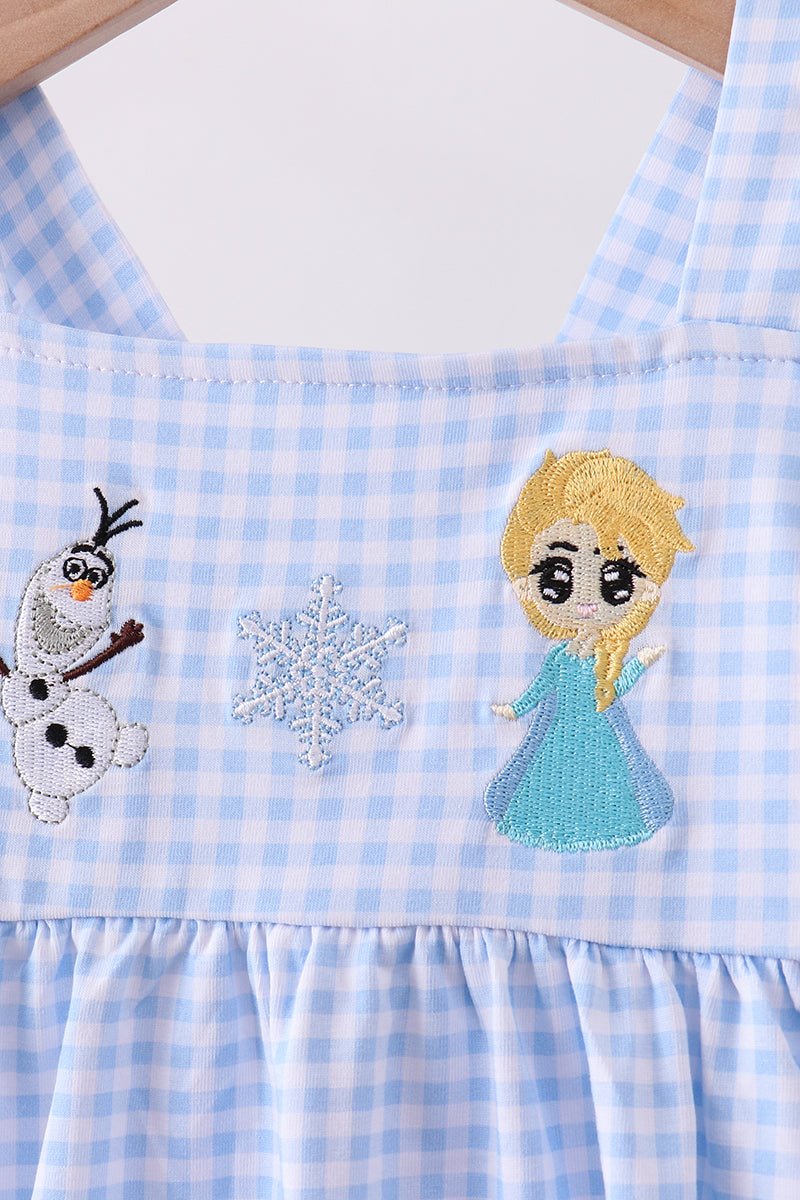 Premium blue snowman embroidery gingham ruffle pants set - Abbies Place
