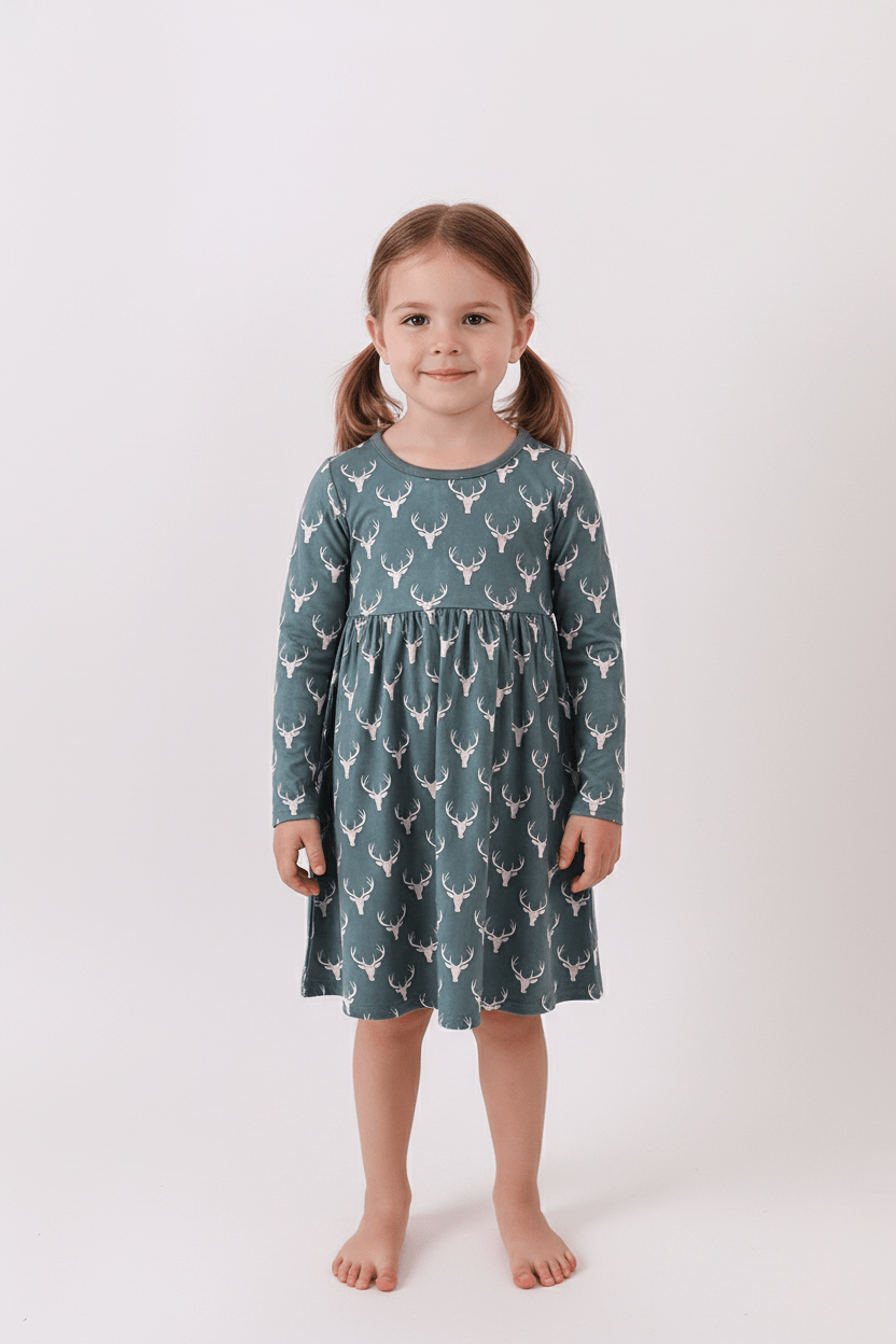 Premium forest reindeer print bamboo dress - Abbies Place