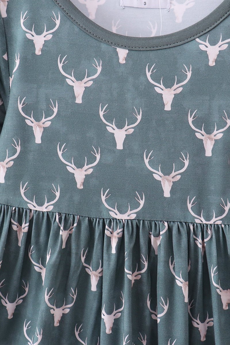 Premium forest reindeer print bamboo dress - Abbies Place