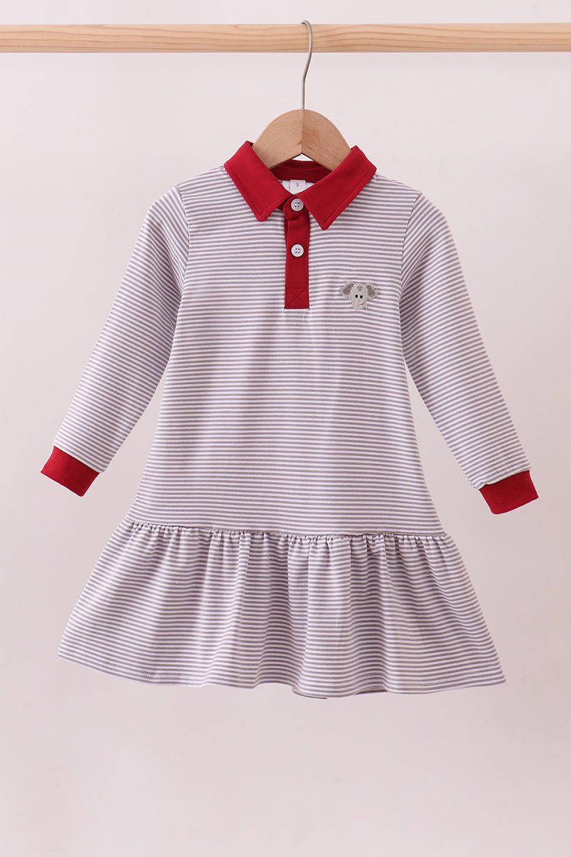 Premium Gray Alabama stripe elephant embroidery dress - Abbies Place