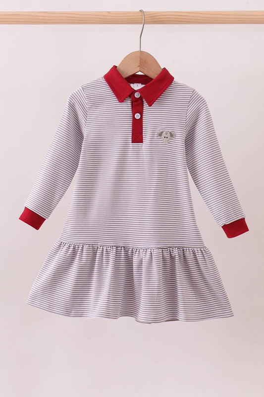 Premium Gray Alabama stripe elephant embroidery dress - Abbies Place