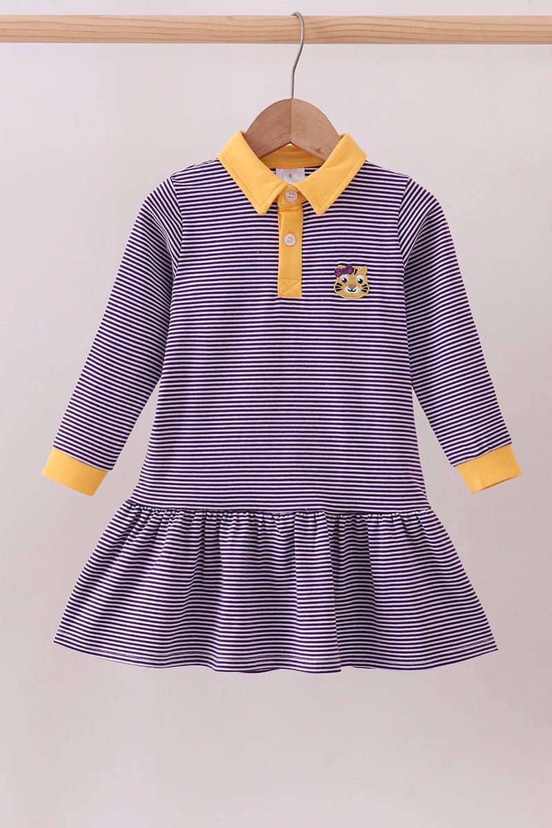 Premium Purple LSU stripe tiger embroidery dress - Abbies Place