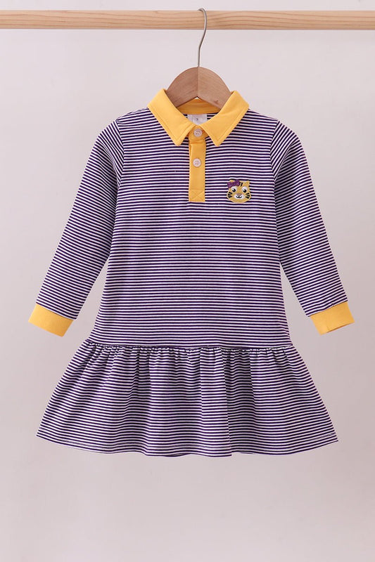 Premium Purple LSU stripe tiger embroidery dress - Abbies Place