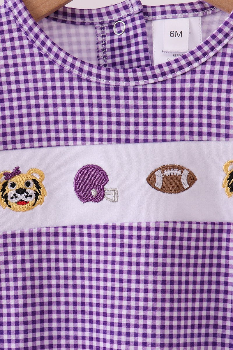 Premium Purple LSU tiger embroidery gingham ruffle bubble - Abbies Place
