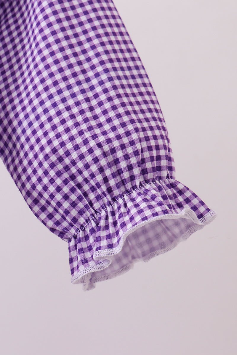 Premium Purple LSU tiger embroidery gingham ruffle bubble - Abbies Place