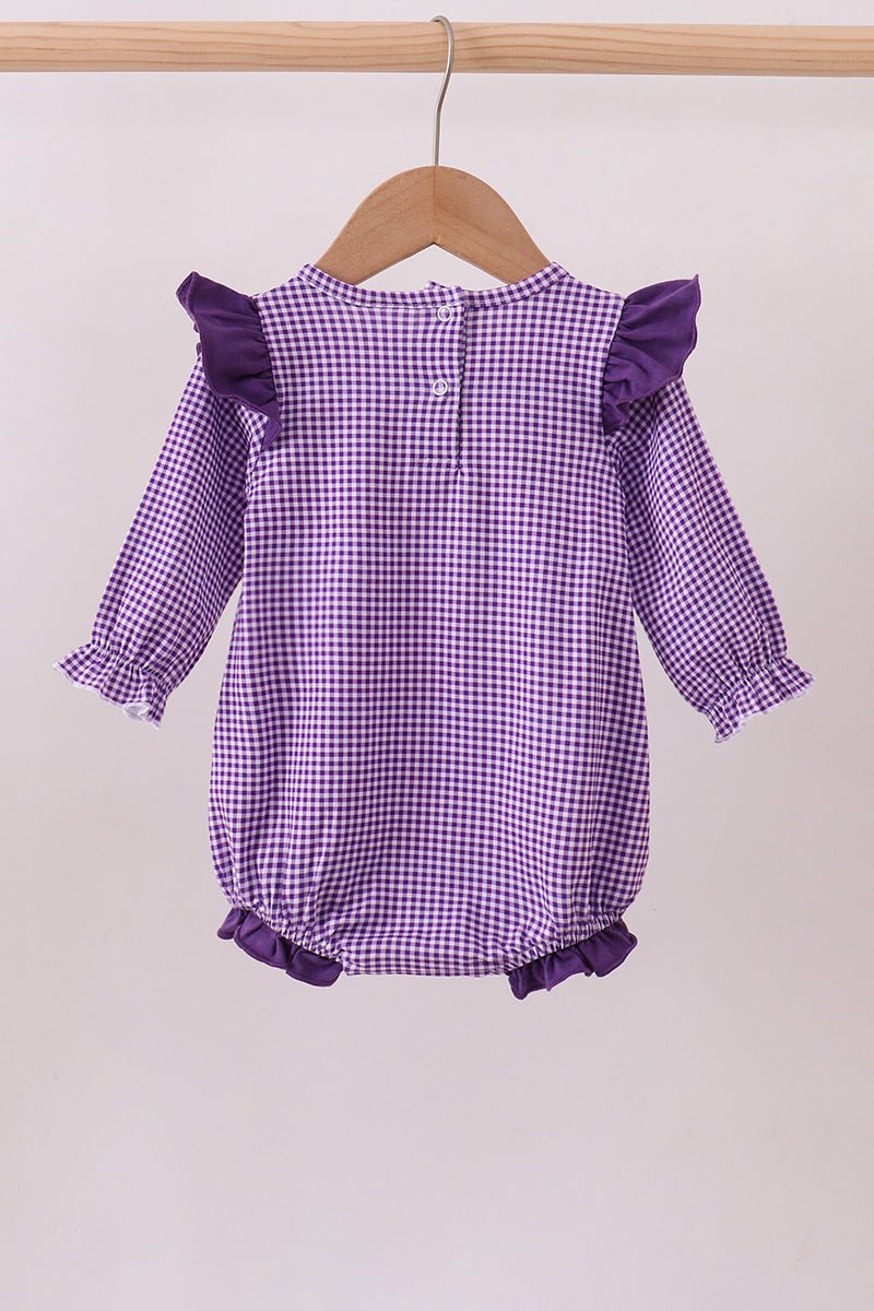 Premium Purple LSU tiger embroidery gingham ruffle bubble - Abbies Place