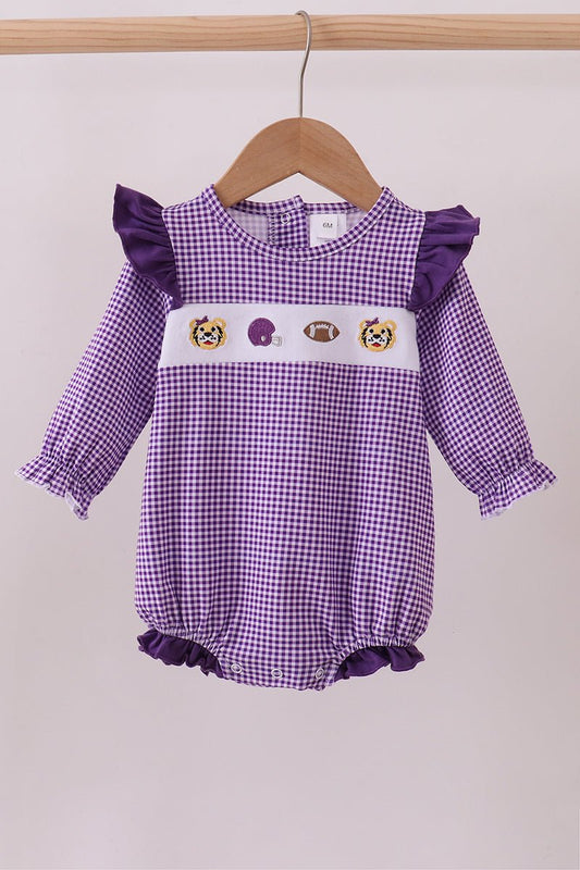 Premium Purple LSU tiger embroidery gingham ruffle bubble - Abbies Place