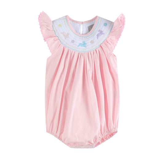 Pretty Pink Easter Bunny Smocked Flutter Romper - Abbies Place
