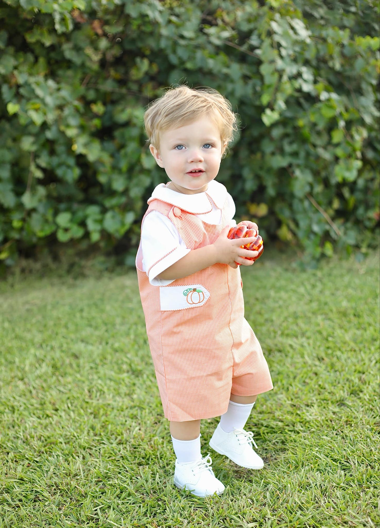 Proper Pumpkins Orange Gingham Shortall and Shirt Set with Pumpkin Embroidered Tabs - Abbies Place