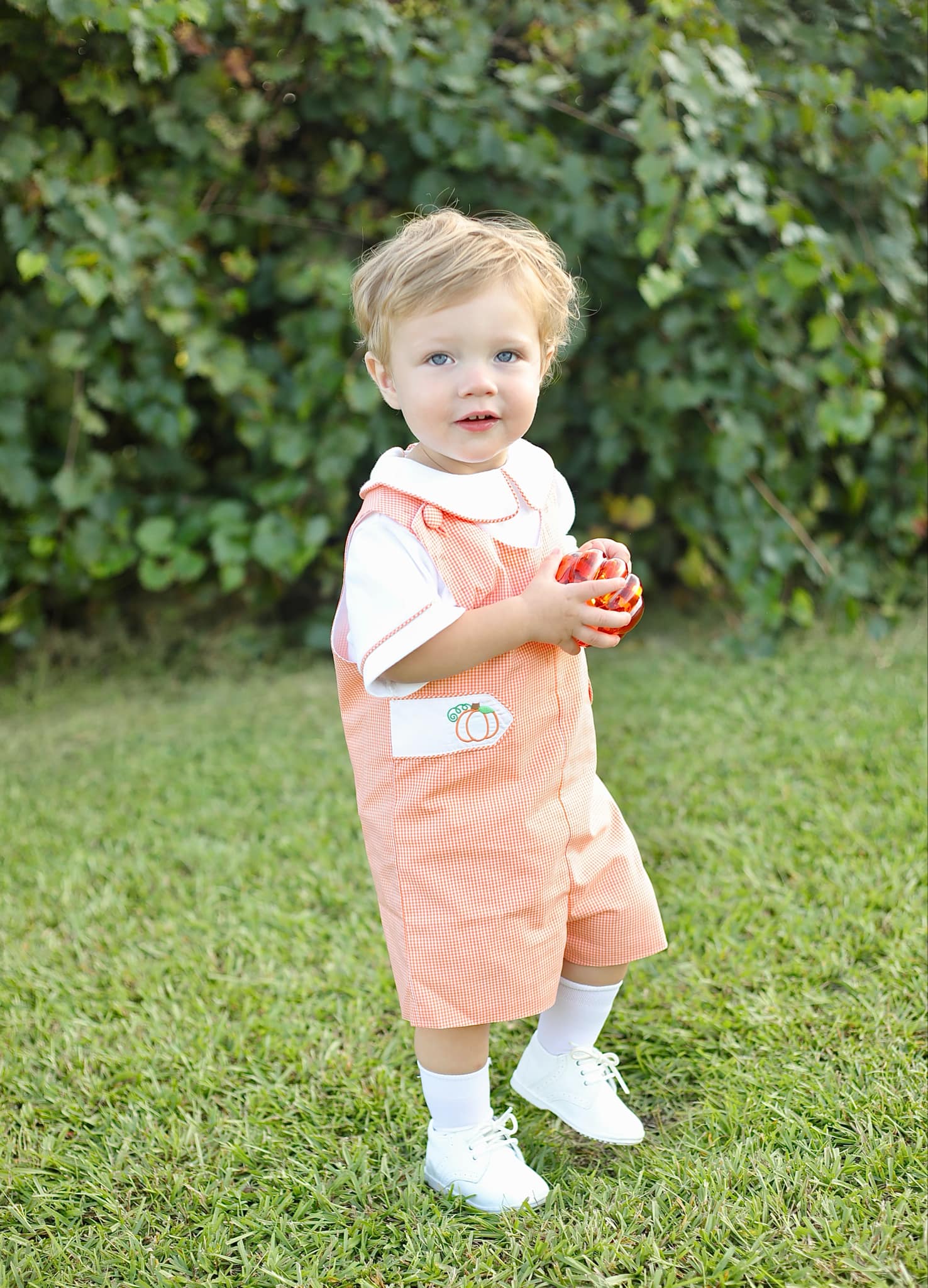 Proper Pumpkins Orange Gingham Shortall and Shirt Set with Pumpkin Embroidered Tabs - Abbies Place