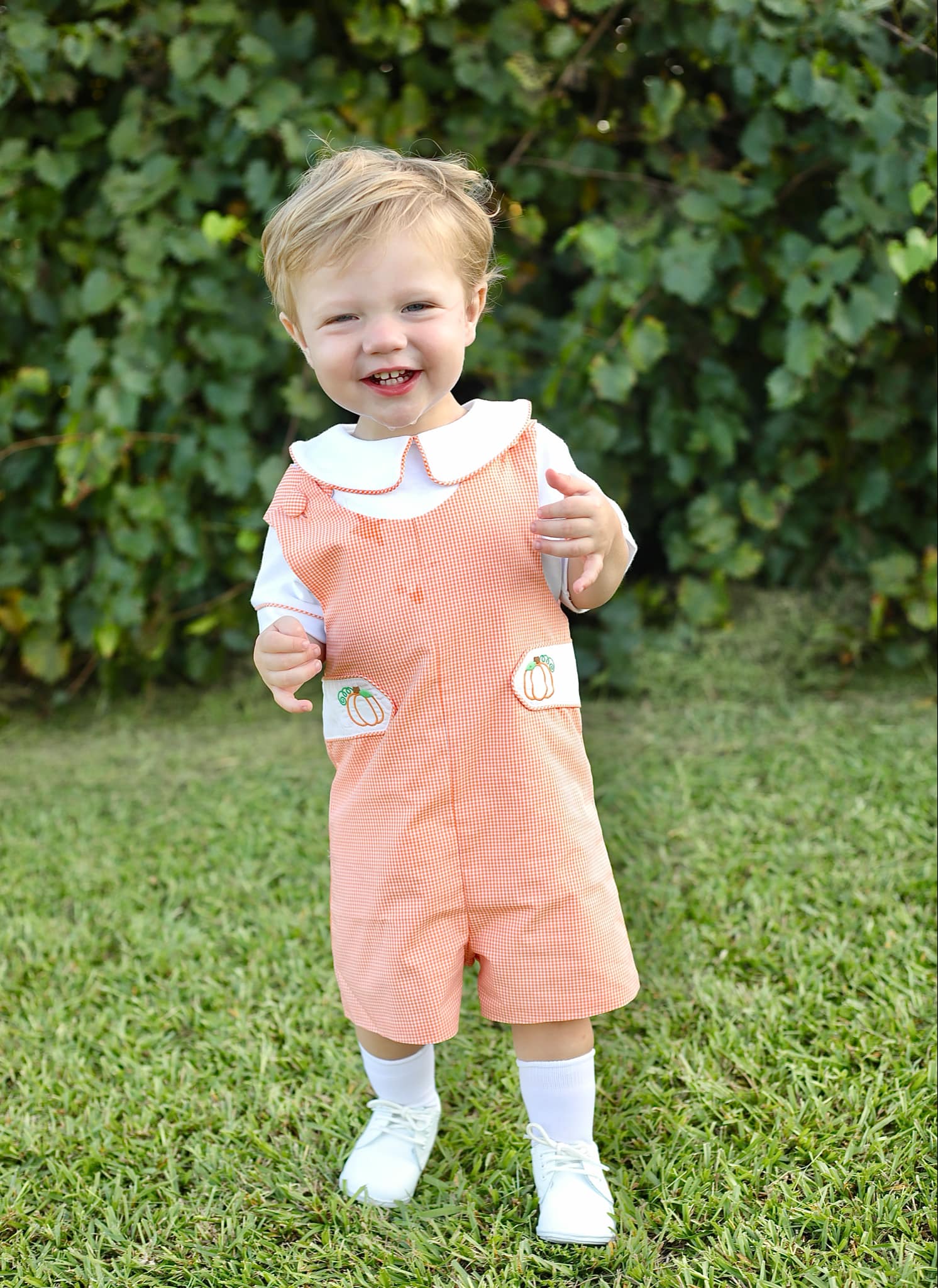 Proper Pumpkins Orange Gingham Shortall and Shirt Set with Pumpkin Embroidered Tabs - Abbies Place