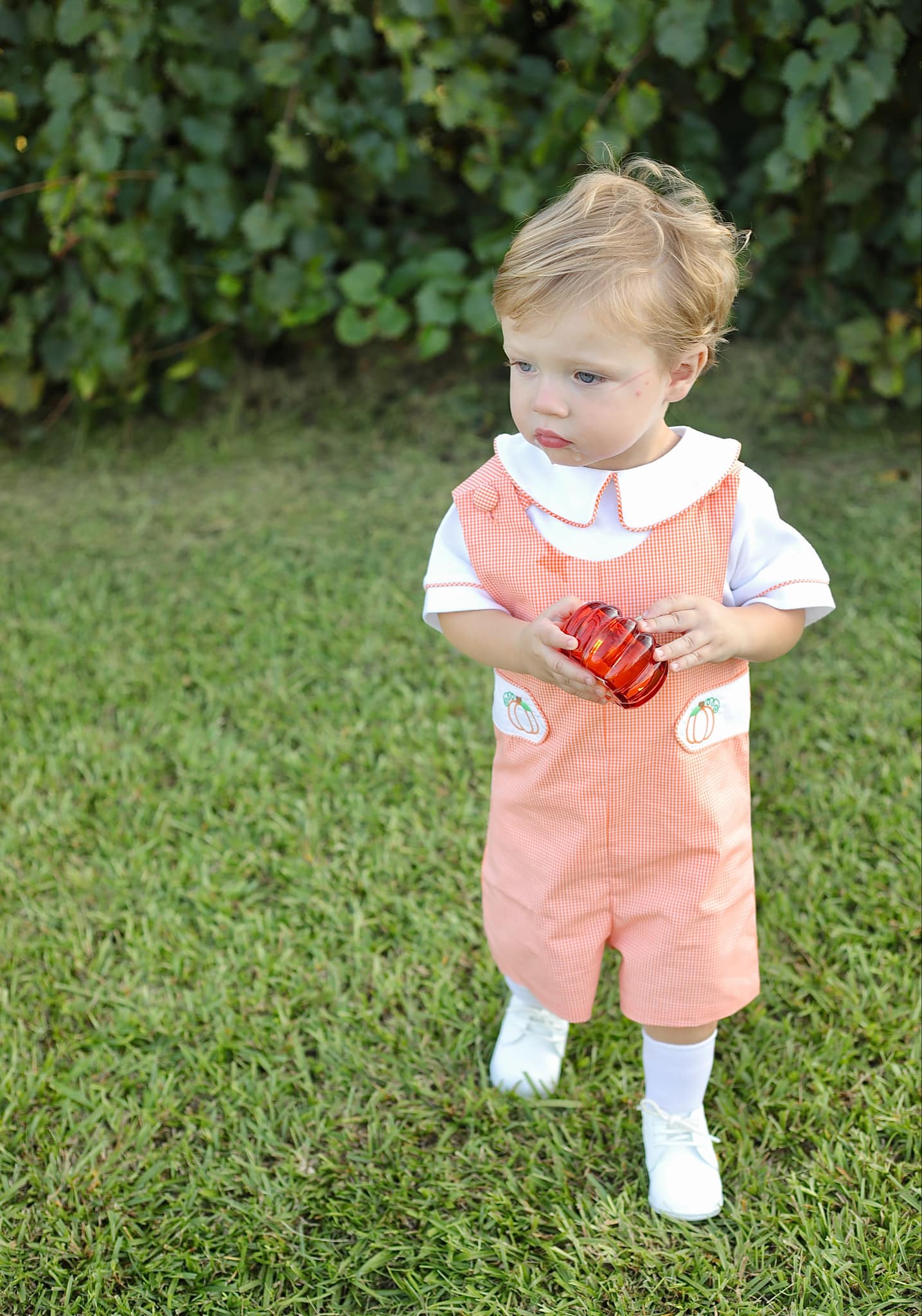 Proper Pumpkins Orange Gingham Shortall and Shirt Set with Pumpkin Embroidered Tabs - Abbies Place