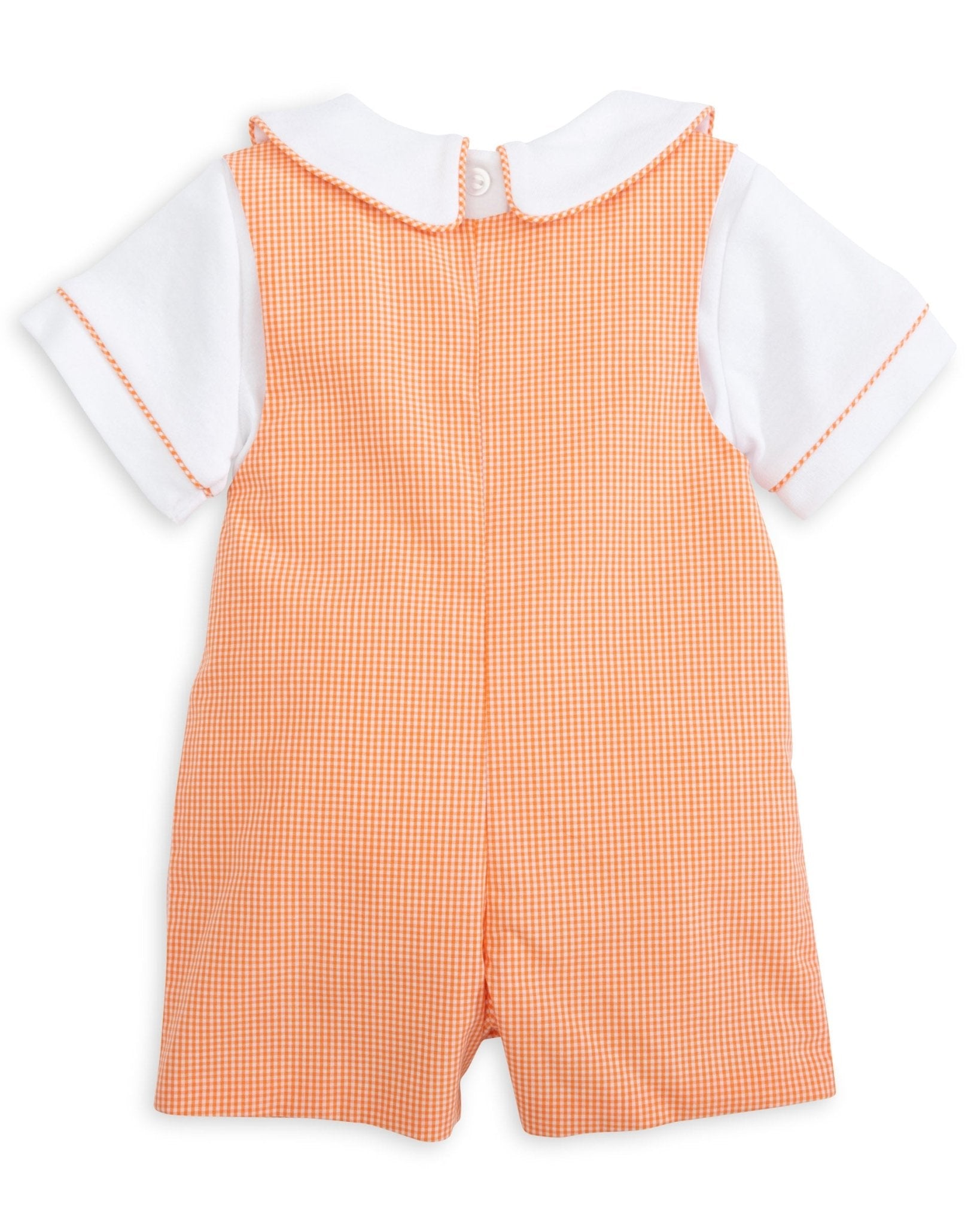 Proper Pumpkins Orange Gingham Shortall and Shirt Set with Pumpkin Embroidered Tabs - Abbies Place