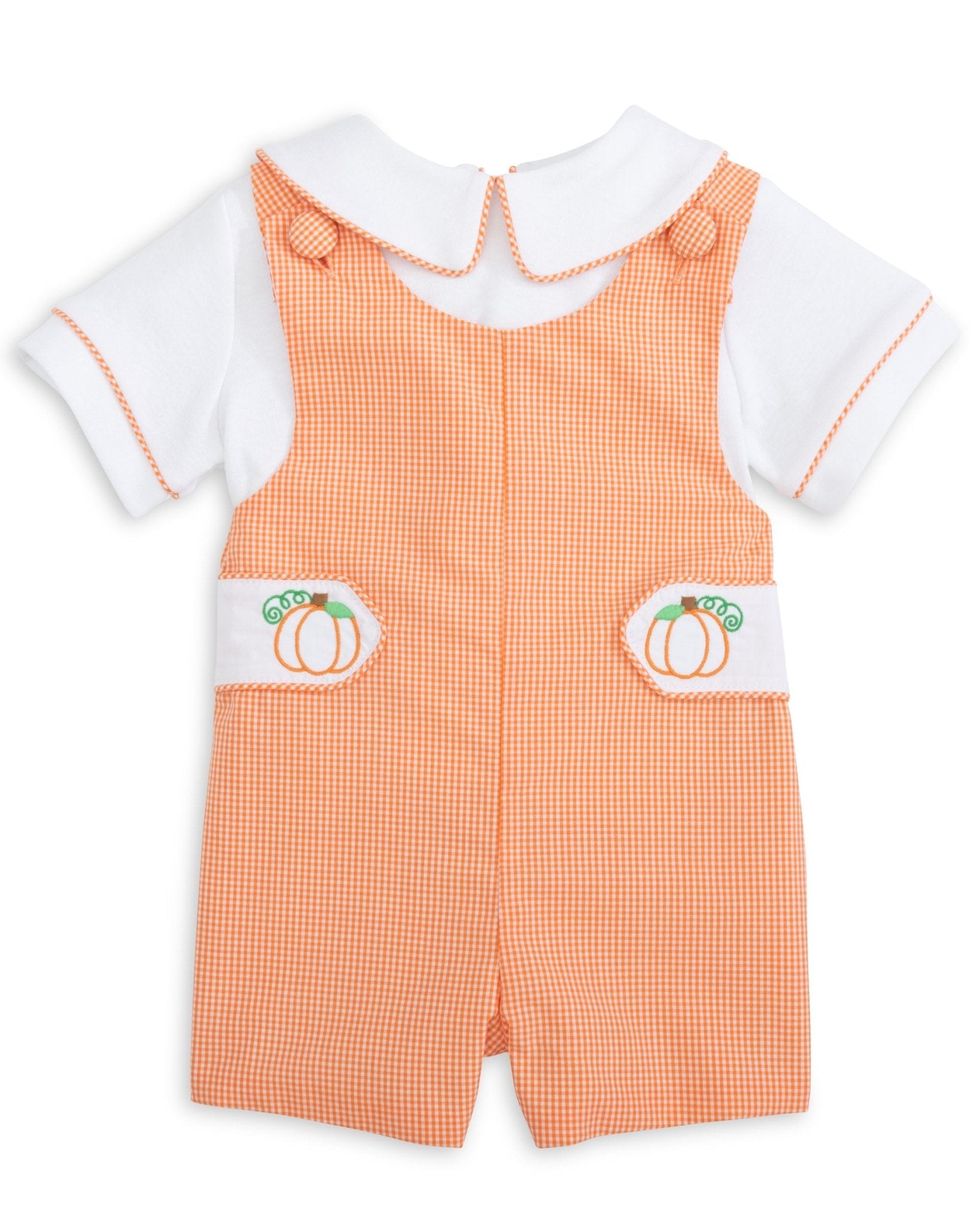 Proper Pumpkins Orange Gingham Shortall and Shirt Set with Pumpkin Embroidered Tabs - Abbies Place