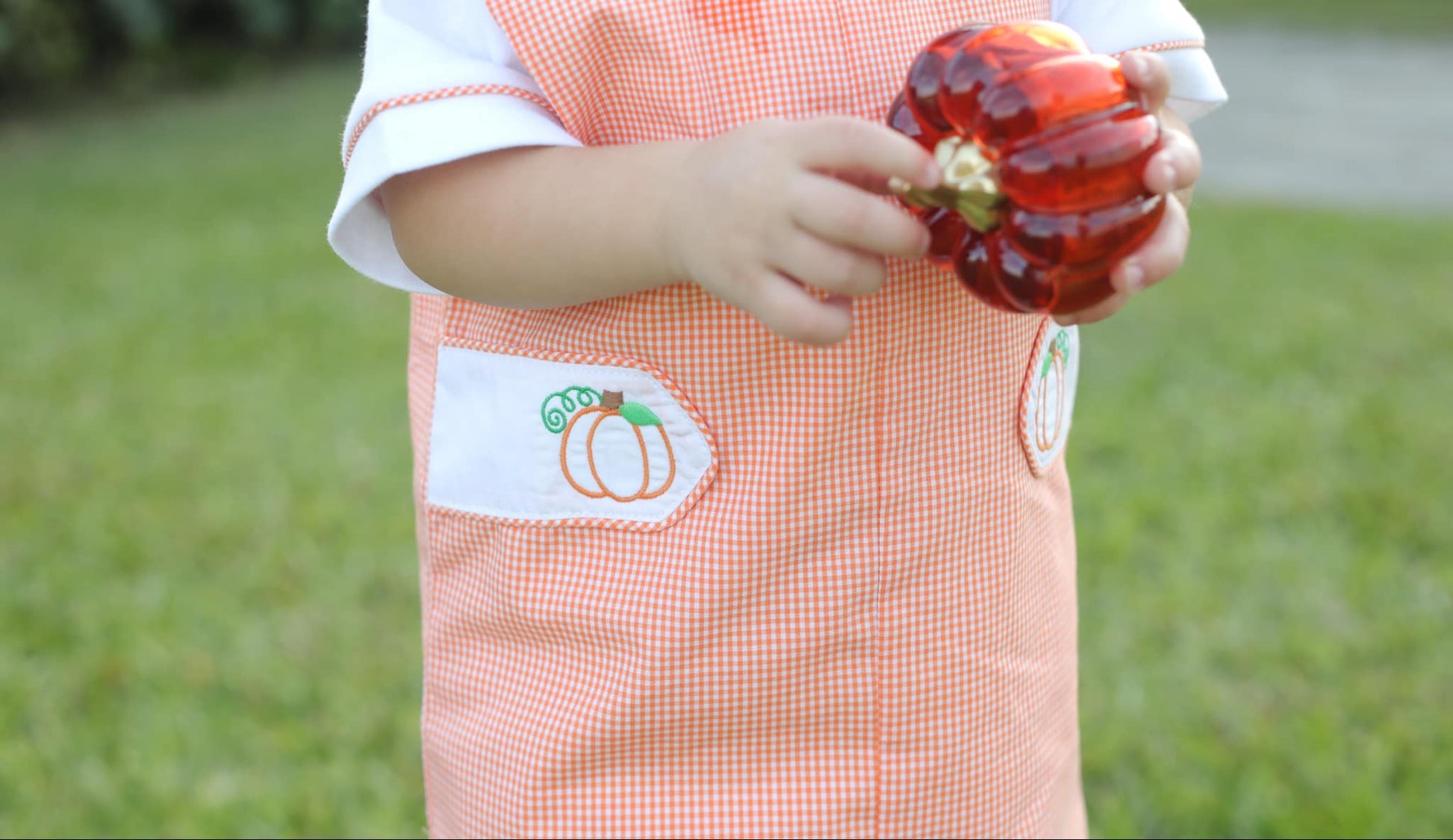 Proper Pumpkins Orange Gingham Shortall and Shirt Set with Pumpkin Embroidered Tabs - Abbies Place