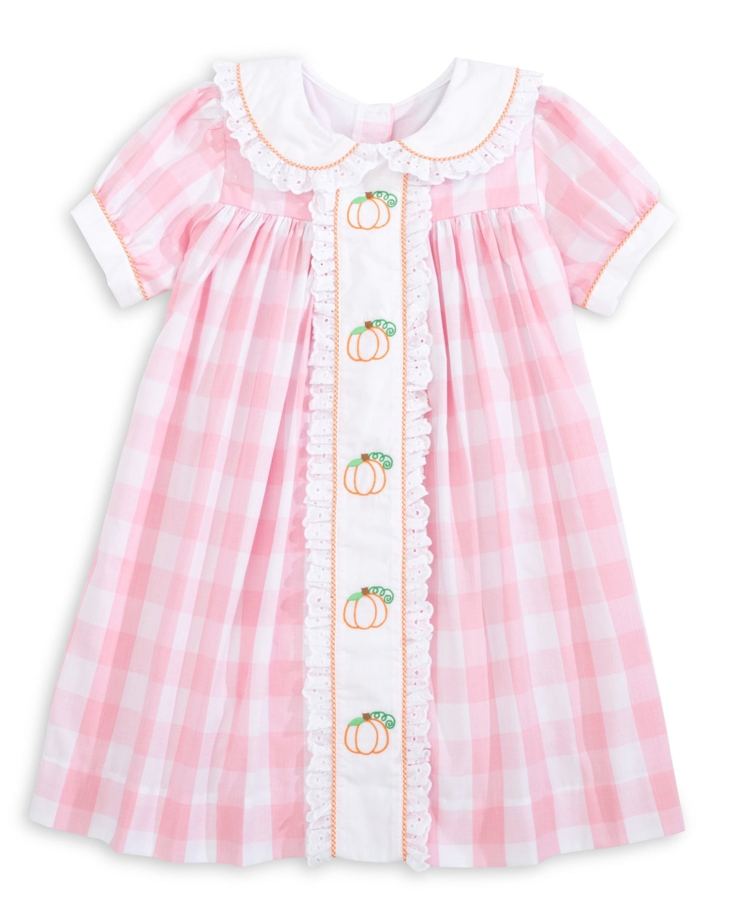 Proper Pumpkins Pink Gingham A-Line Dress with Pumpkin Embroidery - Abbies Place