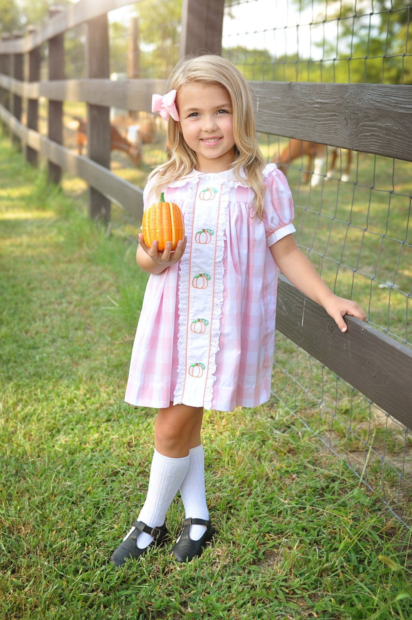 Proper Pumpkins Pink Gingham A-Line Dress with Pumpkin Embroidery - Abbies Place