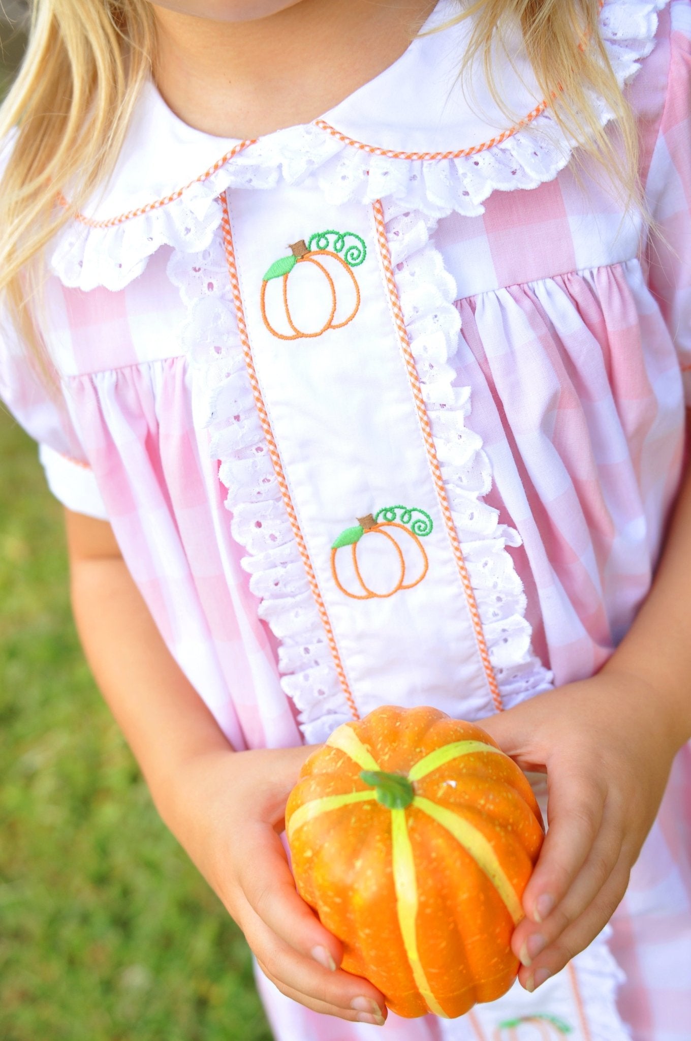 Proper Pumpkins Pink Gingham A-Line Dress with Pumpkin Embroidery - Abbies Place