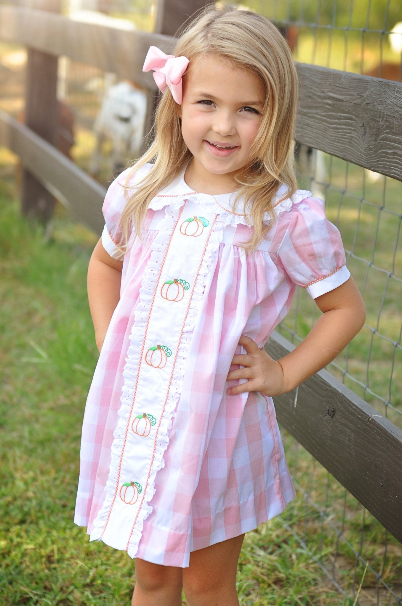 Proper Pumpkins Pink Gingham A-Line Dress with Pumpkin Embroidery - Abbies Place