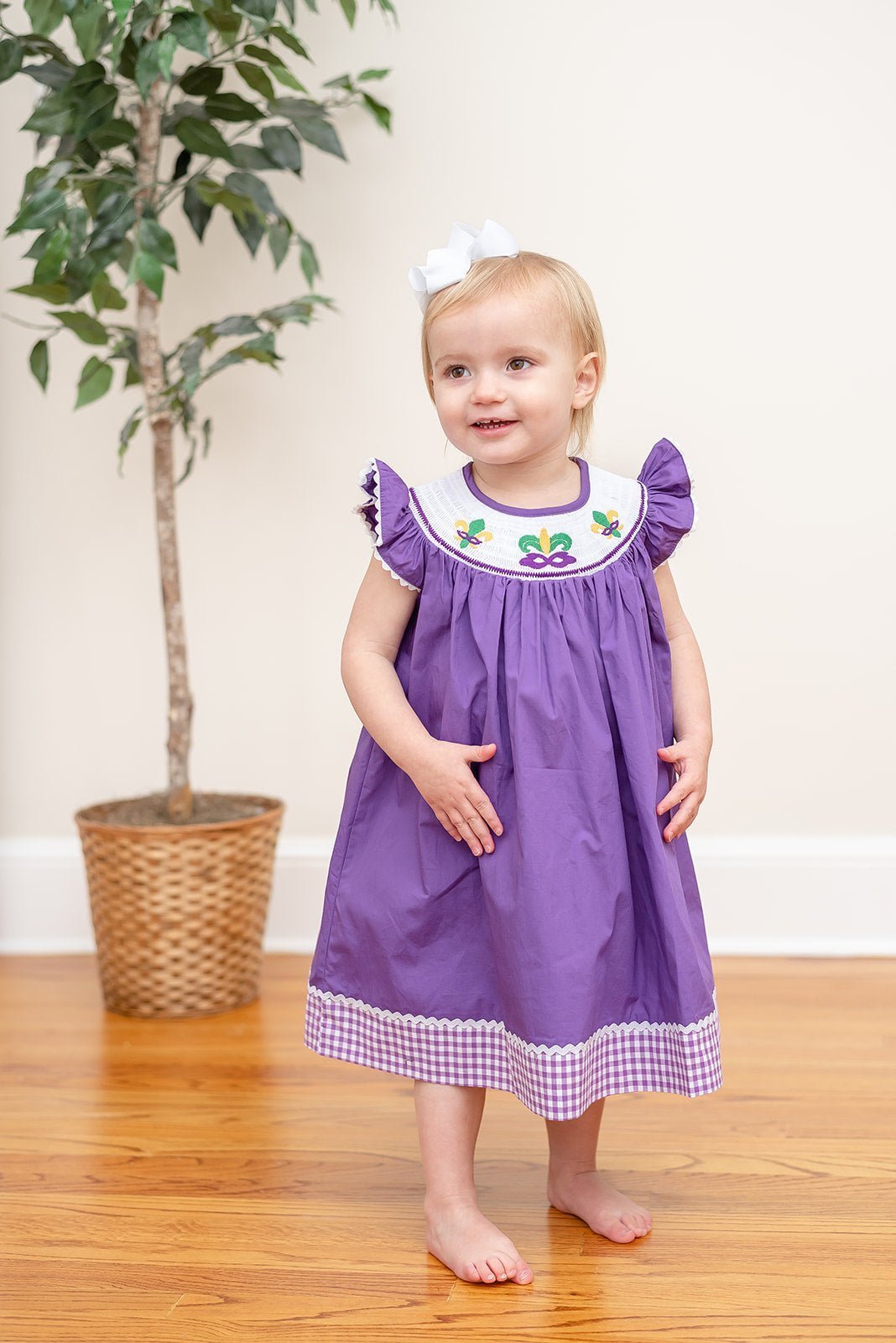 Purple and Gingham Mardi Gras Smocked Bishop Dress - Abbies Place