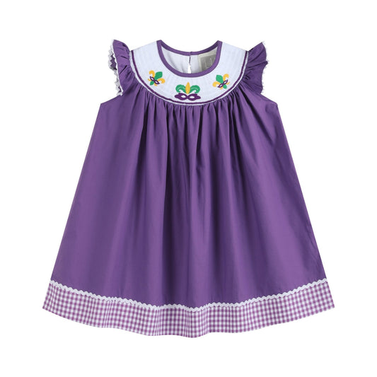 Purple and Gingham Mardi Gras Smocked Bishop Dress - Abbies Place