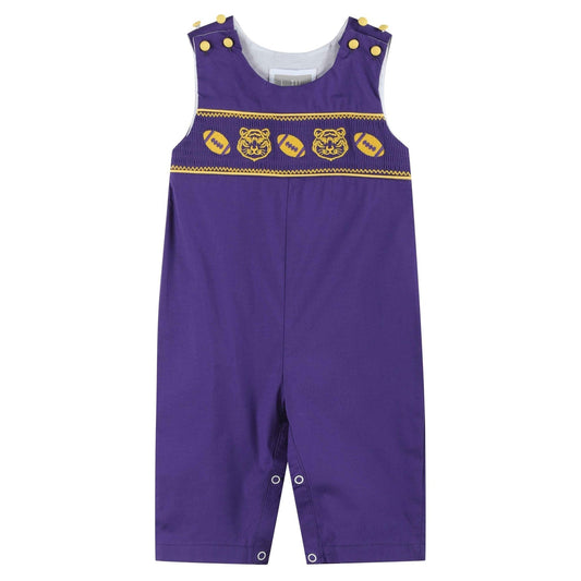 Purple and Gold Football and Tiger Smocked Overalls - Abbies Place