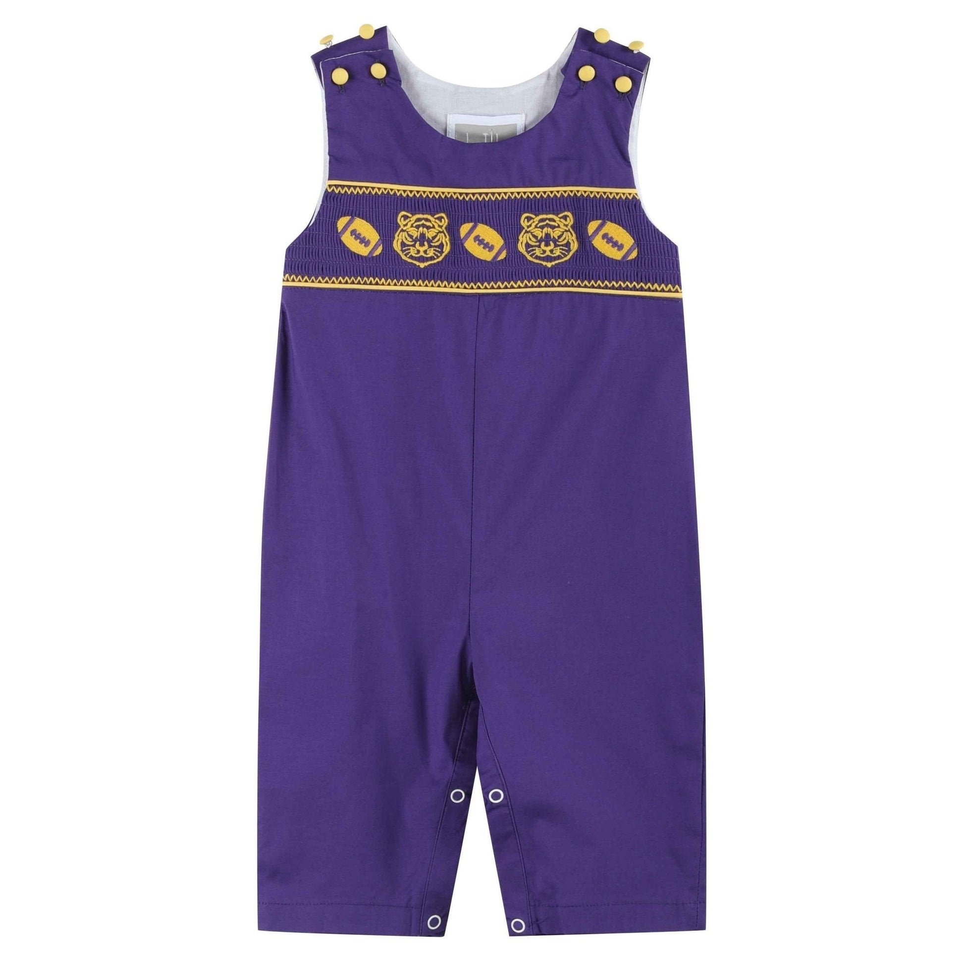 Purple and Gold Football and Tiger Smocked Overalls - Abbies Place