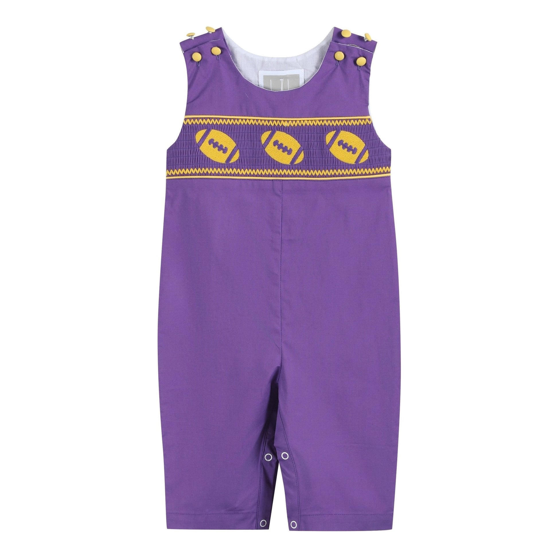 Purple and Gold Football Smocked Overalls - Abbies Place