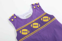 Load image into Gallery viewer, Purple and Gold Football Smocked Overalls
