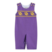 Load image into Gallery viewer, Purple and Gold Football Smocked Overalls
