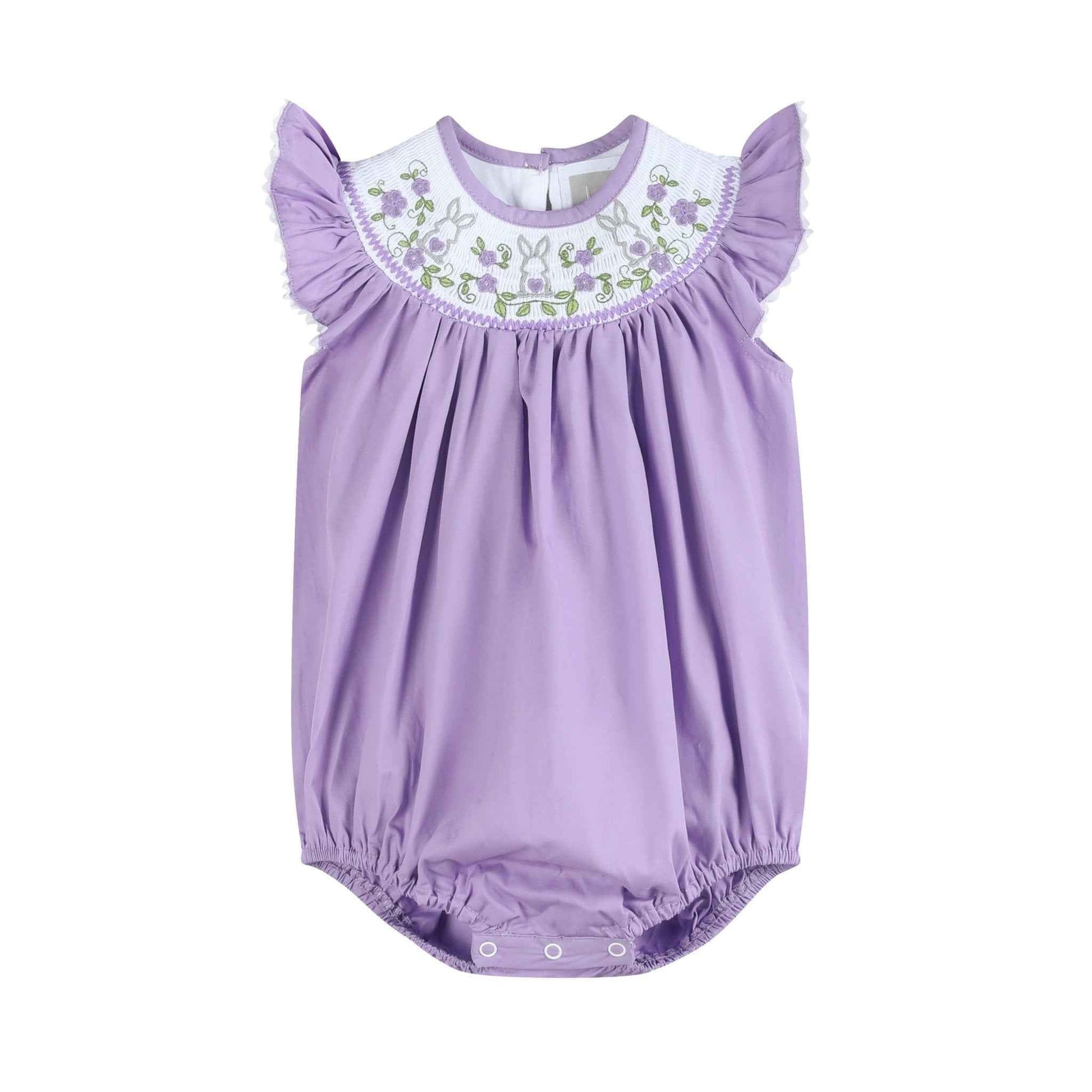 Purple Easter Bunny Smocked Flutter Romper - Abbies Place