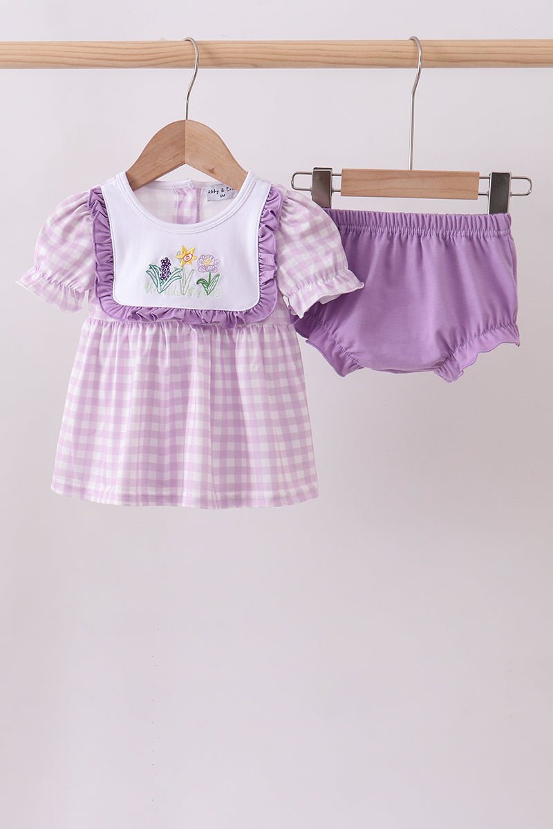 Purple floral embroidery gingham bloomer set - Abbies Place