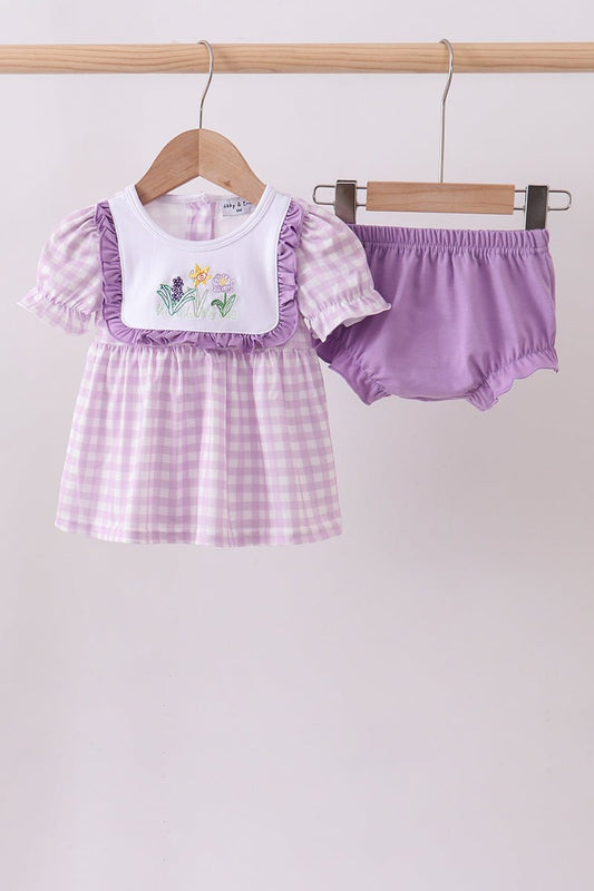 Purple floral embroidery gingham bloomer set - Abbies Place