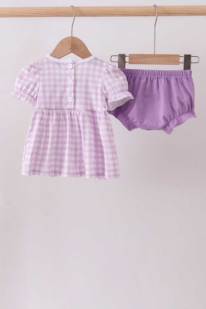 Purple floral embroidery gingham bloomer set - Abbies Place